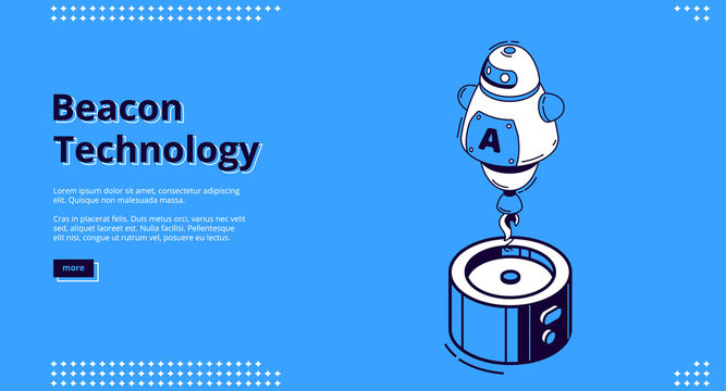 Beacon technology isometric landing page. Robot with rocket engine, Internet of things, communication network, exchange and share information, wireless connection, iot. 3d vector line art web banner