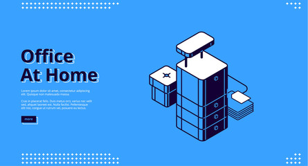 Office at home isometric landing page. Workplace with drawer cabinet and couch on blue background, working equipment for businessman, analyst, freelancer, 3d vector illustration, line art web banner