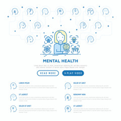 Fototapeta na wymiar Psychologist analyzes mental health web page template. Thin line icons: negative thinking, emotional reasoning, logical plan, obsession, inner dialogue, balance, self identity. Vector illustration