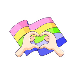 Hands making a heart shaped sign with gay pride LGBT rainbow flag. Gay pride. rainbow colors. Fight for equal rights. cartoon poster against homophobia isolated vector illustration on white background