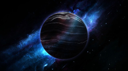 abstract space illustration, 3d image, background, planet Jupite in a blue nebula