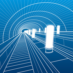 Fototapeta premium Escalator in the subway. Transport infrastructure illustrations. Urban life. White line on blue background. Outline images for your project. Vector design art