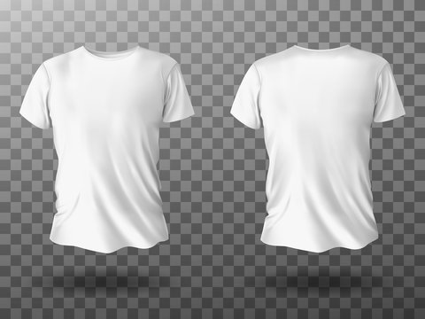 White T-shirt Mockup, Male T Shirt With Short Sleeves Vector Template Front Back View. Blank Apparel Design For Men, Sportswear, Casual Clothing Isolated On Transparent Background Realistic 3d Mock Up