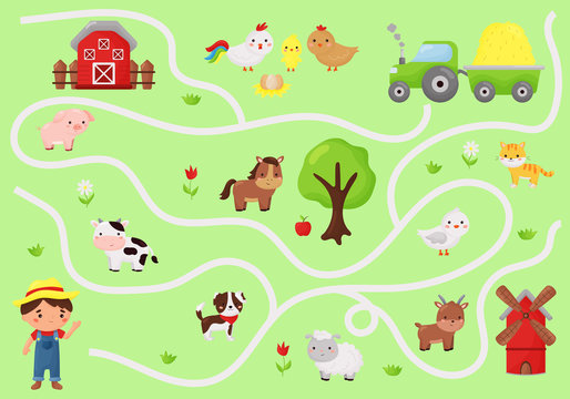 Educational maze game for preschool children. Cute cartoon kawaii farm animals. Help the farmer find right way to his tractor.