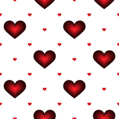 Seamless pattern. Heart with shades of red. Vector illustration of bright hearts on white background for holiday designs, greeting cards, holiday prints, designer packaging, stylish textiles, etc.
