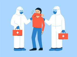 Vector illustration in flat style. Coronavirus COVID-19 concept. Banner, poster, card design. Doctor and nurse in white hazmat suits and coughing, sneezing man covering mouth, nose with bent elbow.