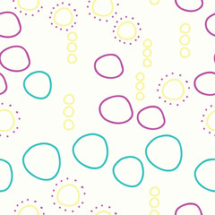 Ordered Chaos, bright fun circles and dots on white background seamless repeat vector patternsurface design