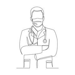 Continuous line drawing of male doctor wearing surgical mask to protect disease, flu, air pollution, pandemic, virus. Vector illustration.
