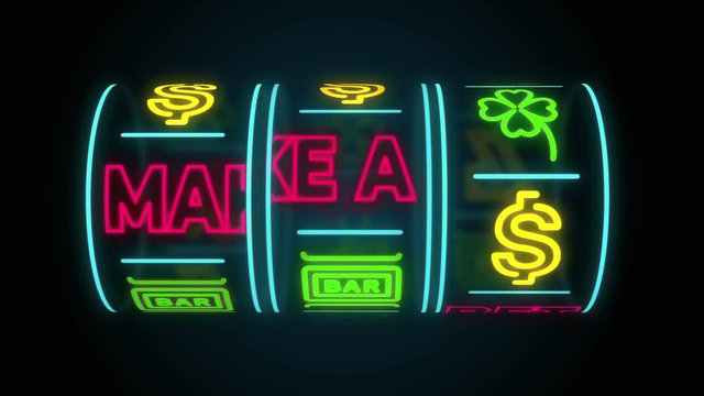 neon casino slot machine spinning, money flying after win combination and text make a bet