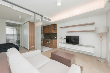 Spacious white and wooden living room with modern 
