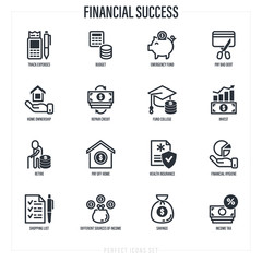 Financial success set: track expenses, budget, emergency fund, credit card, home ownership, invest, fund college, retire, financial hygiene, health insurance. Thin line icons. Vector illustration.