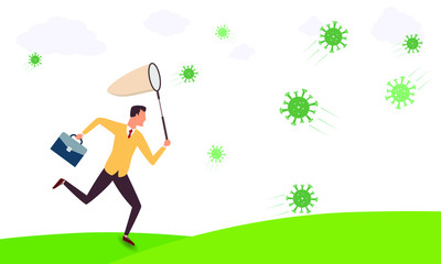 Coronavirus illustration. Vector man trying to catch a virus in the air with a stick for catching butterflies. Human protection and prevention of the spread of the disease.