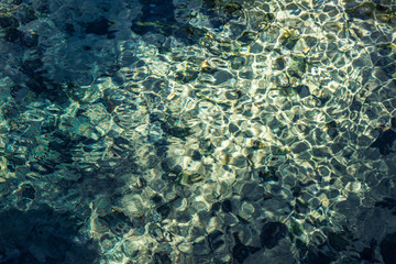 Shiny texture of azure surface of mountain lake. Copy space. A green underwater.