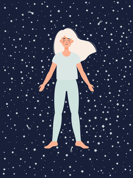 Vector illustration of a woman doing yoga in shavasana pose on starry sky background. Lying woman in flat style
