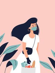 Vector illustration of young brunette woman in a dress walks in medical mask, protective gloves with groceries. Coronavirus concept