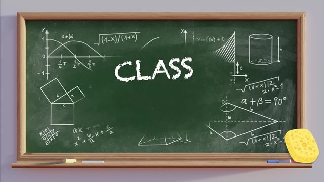 Animation of a school blackboard with mathematical scribbles erased by a sponge and then the text CLASS REUNION appearing.