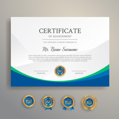 Modern blue certificate template and border, for award, diploma, and printing