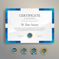 Modern blue certificate template and border, for award, diploma, and printing
