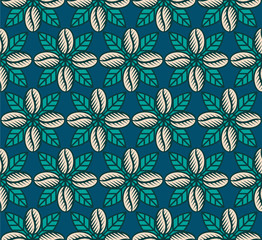Seamless pattern with coffee beans, coffee leaves and coffee blossoms