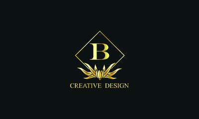 Elegant design of royal vector logo with letter B on black background. Stylish golden floral monogram for business, restaurant, boutique, cafe, hotel, labels and more.