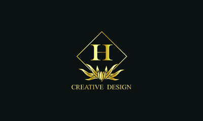 Elegant design of royal vector logo with letter H on black background. Stylish golden floral monogram for business, restaurant, boutique, cafe, hotel, labels and more.