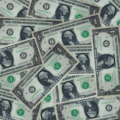 Pile of many one american dollar bills. Photomontage style, square format.