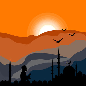 Ramadan kareem with Mosque gold sunrise Celebration Concept, birds