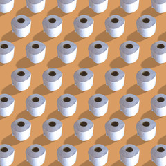 Many isolated toilet paper rolls, repeating pattern on orange background, square.
