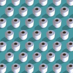 Many isolated toilet paper rolls, repeating pattern on turquoise background, square.