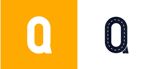 Fototapeta na wymiar Letter Q. Road font. Typography vector design with street lines. On white and yellow background