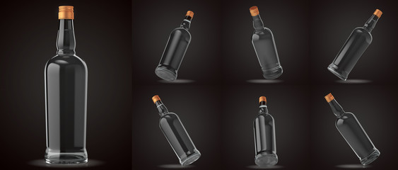 Glass bottle isolated with reflections. 3d illustration