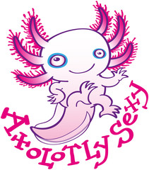 Cute white axolotl with crossed eyes, long tail and external red gills wide smiling, posing and waving. It is floating above a hand lettering text that says 