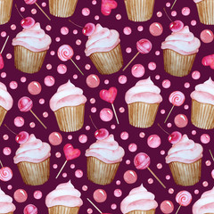 Seamless pattern sweets on burgundy background