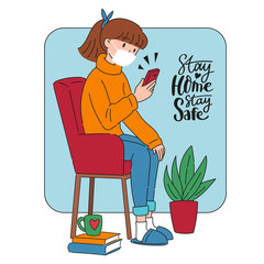 Cartoon teenage girl in protective mask sitting in armchair and looking at smartphone. Flat vector illustration for stay home concept. Self isolation, coronavirus quarantine poster design.