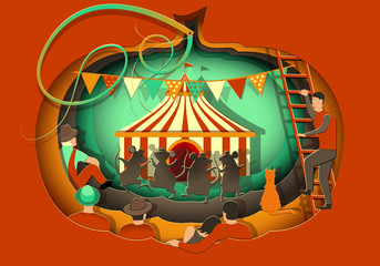 Dancing fat funny mice in a pumpkin show a circus number for the public, in the style of  paper cut