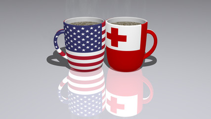 UNITED STATES OF AMERICA AND TONGA: relationship or conflict on a pair of coffee cups for editorial and commercial use