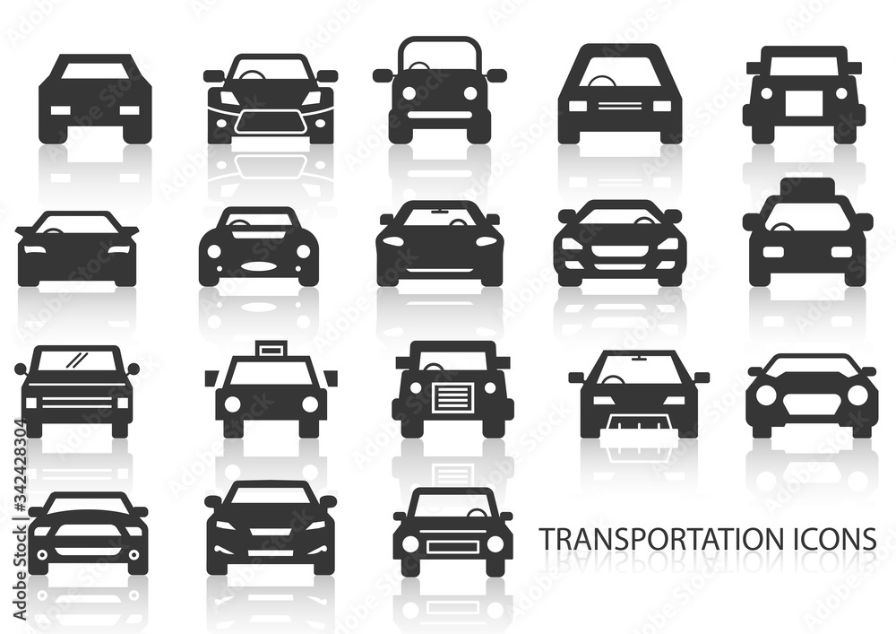 Wall mural solid icons set, transportation, black car front and shadow, vector illustrations