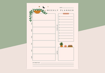 Weekly Planner Vector Layout with Plant