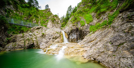 Beautiful scenery of Stuibenfälle - River and waterfall at Reutte in mountain scenery of Alps, Austria