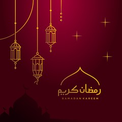 Arabic ramadan lantern, simple ramadan Kareem arabic caligraphy vector , Eid Mubarak Greeting Line icon minimal vector design with mosque Glowing Lantern and hanging crescent moon star