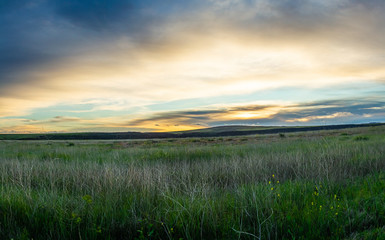 Fototapeta na wymiar Sunrise over a green prairie with distant hills on Black Mesa in the Aqua Fria National Monument in Arizona.