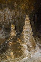 Calcite inlets, stalactites and stalagmites in large underground halls in Carlsbad Caverns National Park, New Mexico. USA