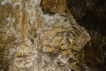 Calcite inlets, stalactites and stalagmites in large underground halls in Carlsbad Caverns National Park, New Mexico. USA