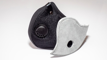 Air filtration mesh mask with active carbon filters. Black medical mask. Face mask protection...