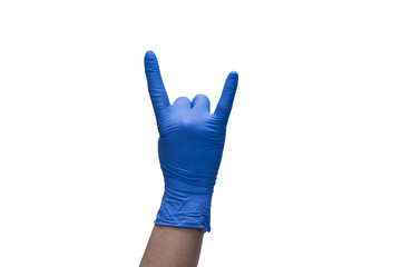 Doctor making rock gesture with hand - studio on white background 2