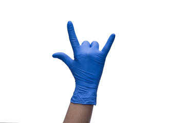 Doctor wearing blue glove holding a gel alcohol in both hands - studio on white background 2