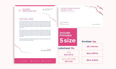 Beauty pink letterhead,Envelope minimalist cheeryblossom size DL, A4 and US Letter design template