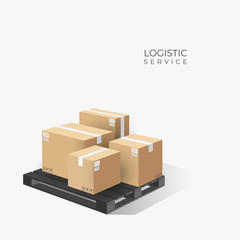 Boxes on wooden pallet. Cardboard parcel box with warehouse. logistic concept. 3d perspective illustration