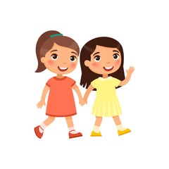 Two little girls go holding hand, cartoon characters. Smiling kids isolated on white background. Friendship concept. Vector illustration.