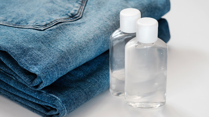 Coronavirus hand sanitizer gel to wash hands for flu virus prevention. Product for airport, hospital, healthcare and home. Prevent the spread of germs and bacteria and avoid infections coronavirus.